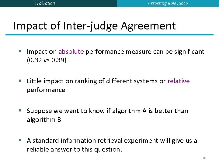 Evaluation Assessing Relevance Impact of Inter-judge Agreement § Impact on absolute performance measure can