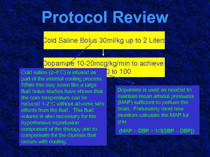 Protocol Review Cold Saline Bolus 30 ml/kg up to 2 Liters Dopamine 10 -20
