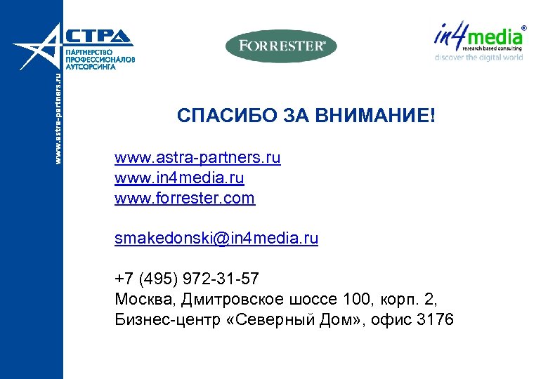 СПАСИБО ЗА ВНИМАНИЕ! www. astra-partners. ru www. in 4 media. ru www. forrester. com