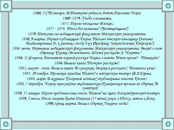 1860, 17(29) января. В Таганроге родился Антон Павлович Чехов. 1869 -1879. Учеба в гимназии.