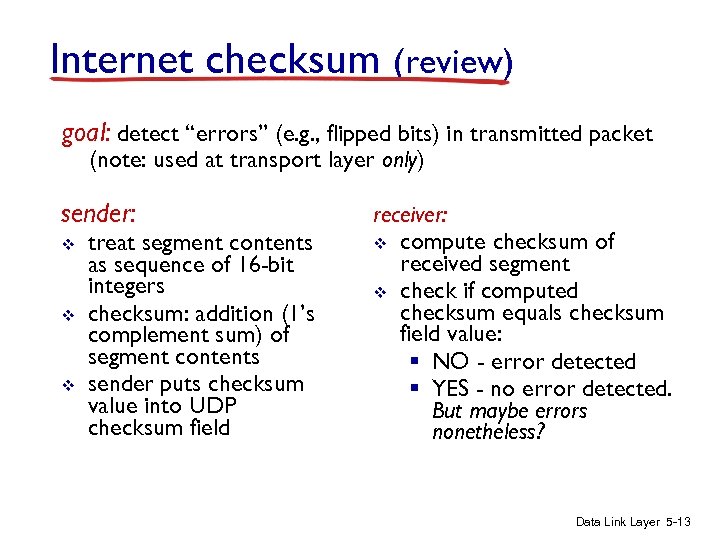 Internet checksum (review) goal: detect “errors” (e. g. , flipped bits) in transmitted packet
