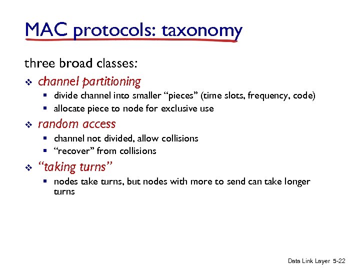 MAC protocols: taxonomy three broad classes: v channel partitioning § divide channel into smaller