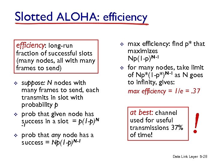 Slotted ALOHA: efficiency: long-run fraction of successful slots (many nodes, all with many frames