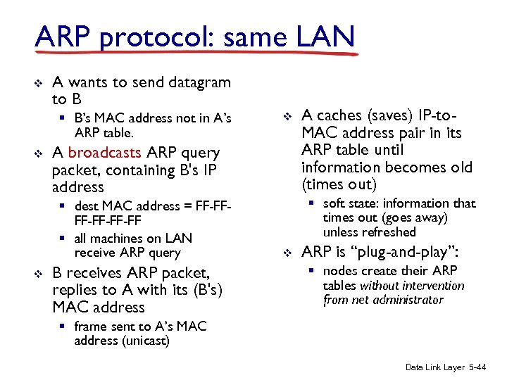 ARP protocol: same LAN v A wants to send datagram to B § B’s