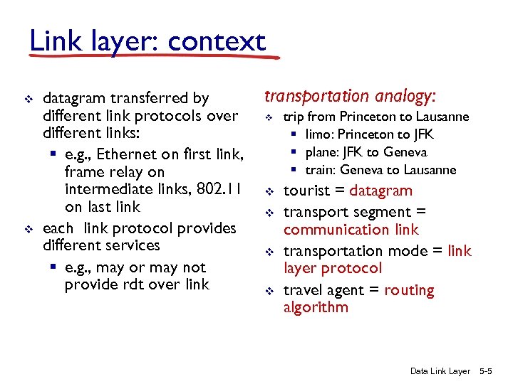Link layer: context v v datagram transferred by different link protocols over different links: