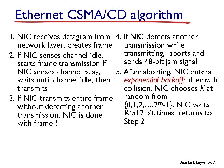Ethernet CSMA/CD algorithm 1. NIC receives datagram from 4. If NIC detects another network
