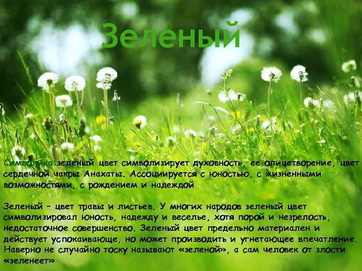 Зеленый Символика: зеленый цвет символизирует духовность, ее олицетворение, цвет сердечной чакры Анахаты. Ассоциируется с