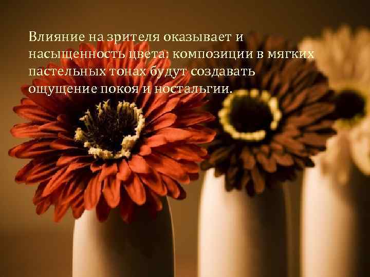 Влияние на зрителя оказывает и насыщенность цвета: композиции в мягких пастельных тонах будут создавать