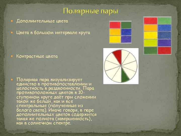 Полярные пары Дополнительные цвета Цвета в большом интервале круга Контрастные цвета Полярная пара визуализирует