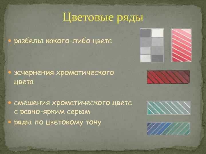 Цветовые ряды разбелы какого-либо цвета зачернения хроматического цвета смешения хроматического цвета с равно-ярким серым