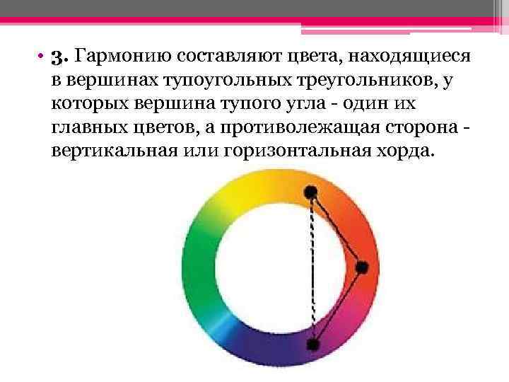  • 3. Гармонию составляют цвета, находящиеся в вершинах тупоугольных треугольников, у которых вершина