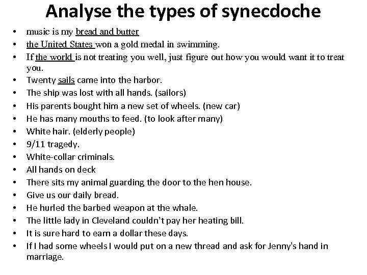 Analyse the types of synecdoche • • • • • music is my bread