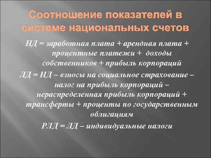 Соотношение показателей в системе национальных счетов НД = заработная плата + арендная плата +