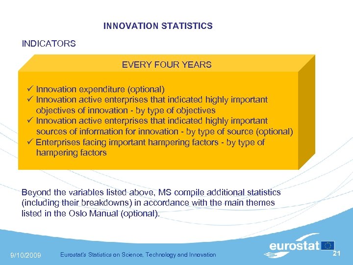  INNOVATION STATISTICS INDICATORS EVERY FOUR YEARS Innovation expenditure (optional) Innovation active enterprises that