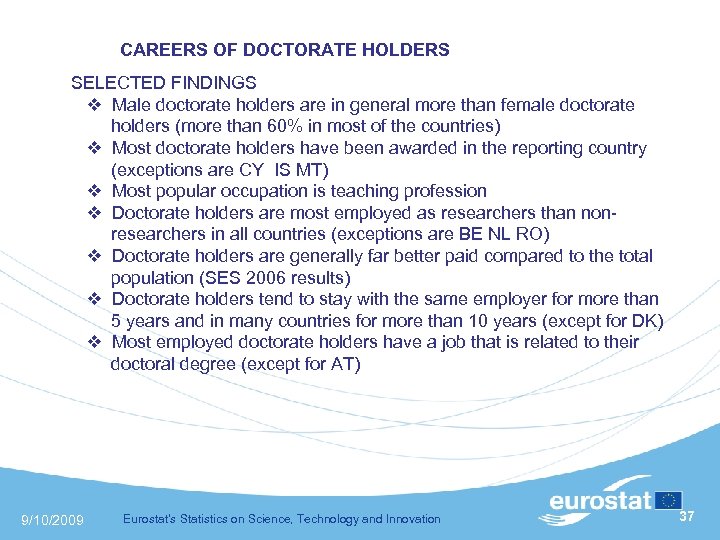  CAREERS OF DOCTORATE HOLDERS SELECTED FINDINGS Male doctorate holders are in general more