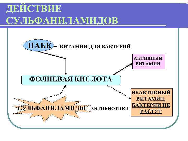 ДЕЙСТВИЕ СУЛЬФАНИЛАМИДОВ ПАБК - ВИТАМИН ДЛЯ БАКТЕРИЙ АКТИВНЫЙ ВИТАМИН ФОЛИЕВАЯ КИСЛОТА СУЛЬФАНИЛАМИДЫ - НЕАКТИВНЫЙ