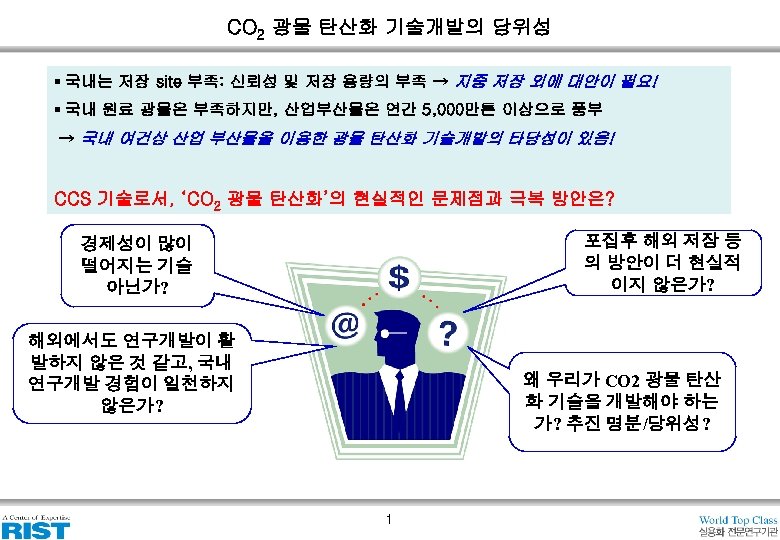 CO 2 광물 탄산화 기술개발의 당위성 ▪ 국내는 저장 site 부족: 신뢰성 및 저장