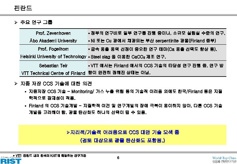 핀란드 Ø 주요 연구 그룹 Prof. Zevenhoven ▪ 정부의 연구비로 일부 연구를 진행 중이나,
