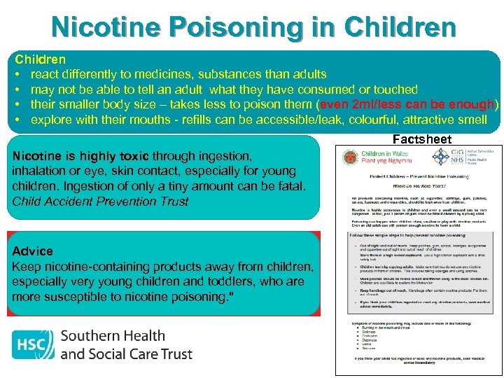 Nicotine Poisoning in Children • react differently to medicines, substances than adults • may