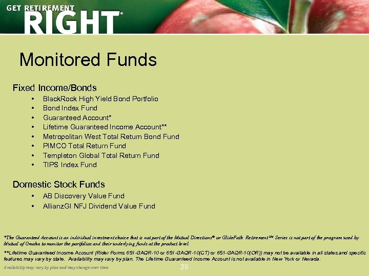 ® Monitored Funds Fixed Income/Bonds • • Black. Rock High Yield Bond Portfolio Bond