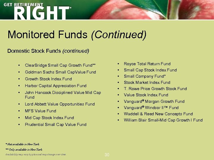 ® Monitored Funds (Continued) Domestic Stock Funds (continued) • • Goldman Sachs Small Cap.