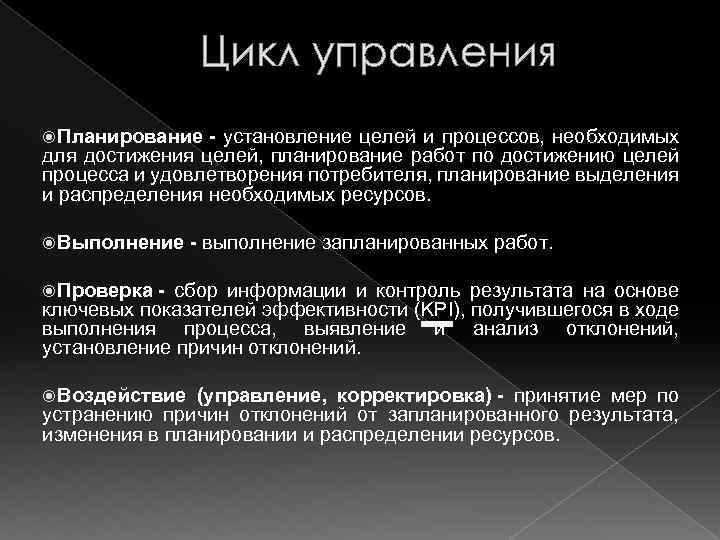Цикл управления Планирование - установление целей и процессов, необходимых для достижения целей, планирование работ