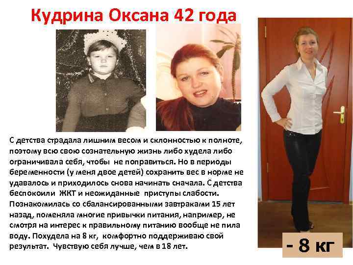 Кудрина Оксана 42 года С детства страдала лишним весом и склонностью к полноте, поэтому