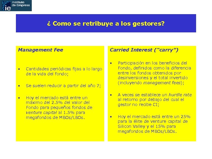 ¿ Como se retribuye a los gestores? Management Fee Carried Interest (“carry”) • •