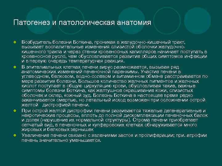 Патогенез и патологическая анатомия l l Возбудитель болезни Боткина, проникая в желудочно-кишечный тракт, вызывает