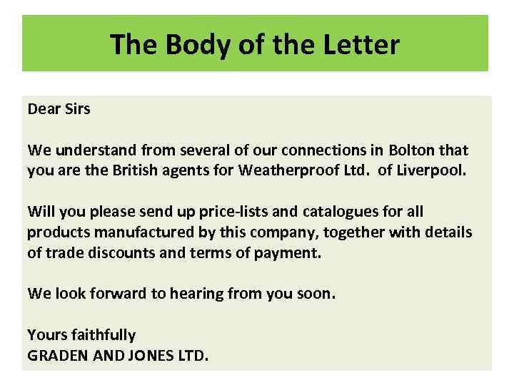 The Body of the Letter Dear Sirs We understand from several of our connections