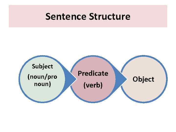 Sentence Structure Subject (noun/pro noun) Predicate (verb) Object 