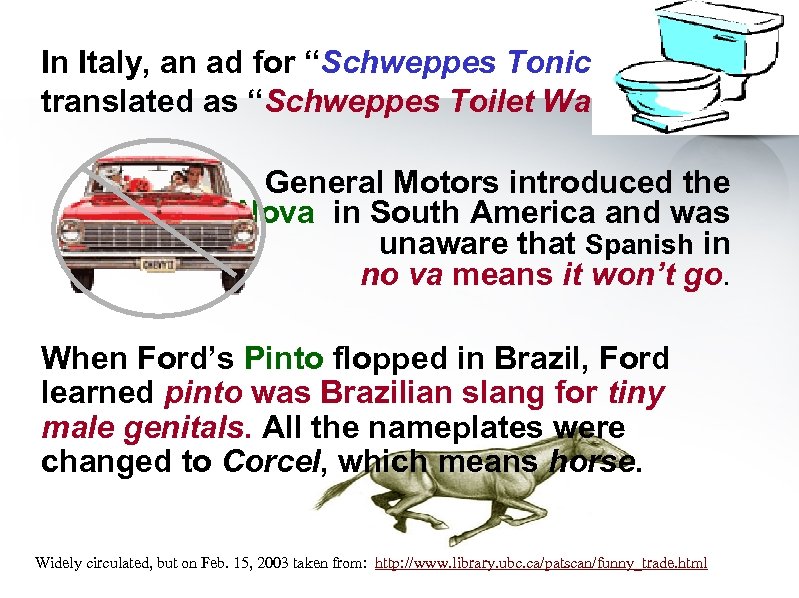 In Italy, an ad for “Schweppes Tonic Water” translated as “Schweppes Toilet Water. ”