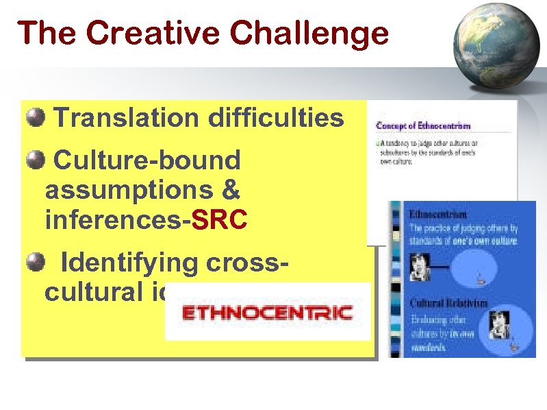 The Creative Challenge Translation difficulties Culture-bound assumptions & inferences-SRC Identifying crosscultural icons 