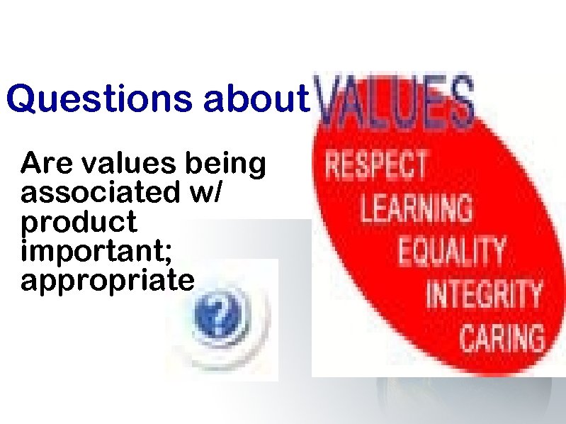 Questions about Are values being associated w/ product important; appropriate 