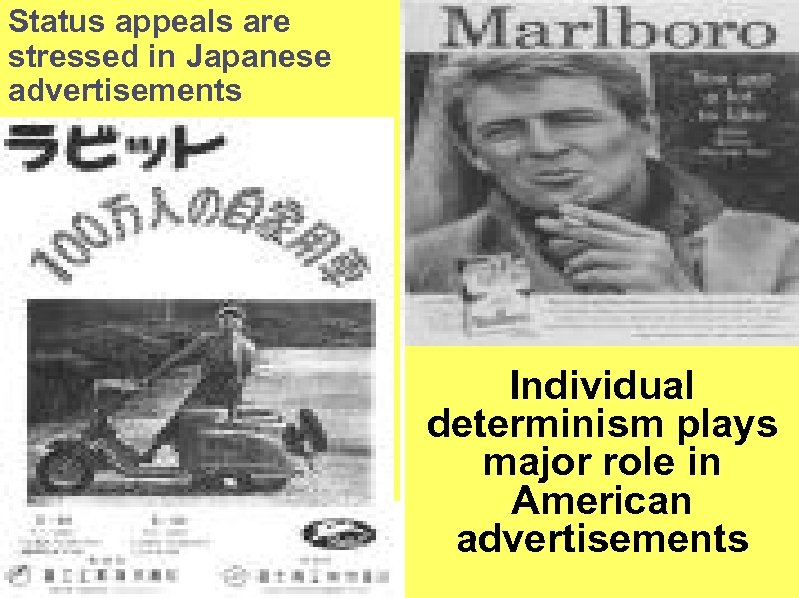 Status appeals are stressed in Japanese advertisements Hong et al. (1987) Individual determinism plays