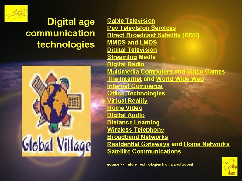 Digital age communication technologies Cable Television Pay Television Services Direct Broadcast Satellite [DBS] MMDS