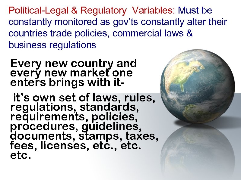 Political-Legal & Regulatory Variables: Must be constantly monitored as gov’ts constantly alter their countries