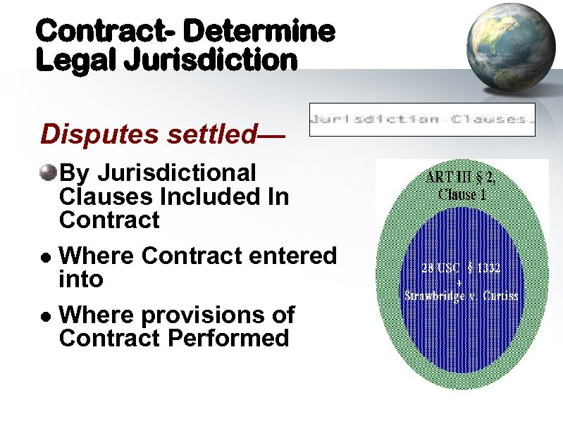 Contract- Determine Legal Jurisdiction Disputes settled— By Jurisdictional Clauses Included In Contract l Where