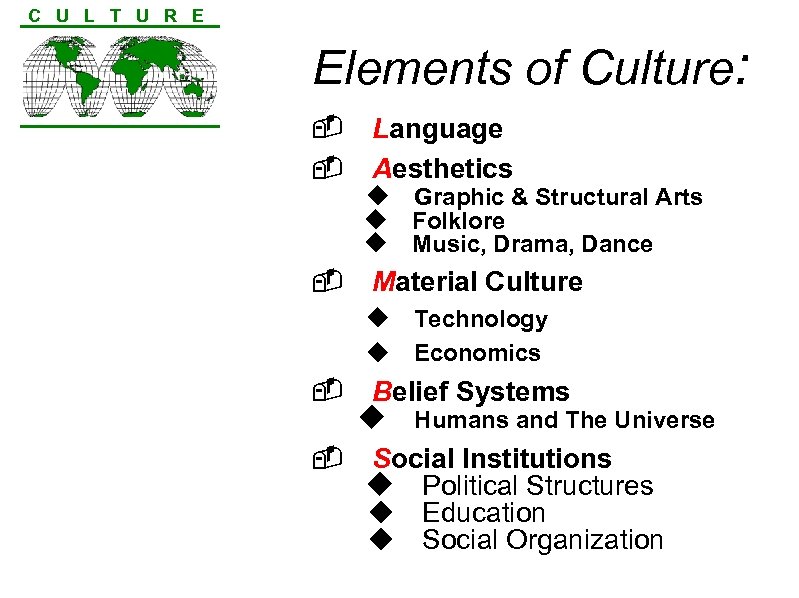 C U L T U R E Elements of Culture: - - Language Aesthetics