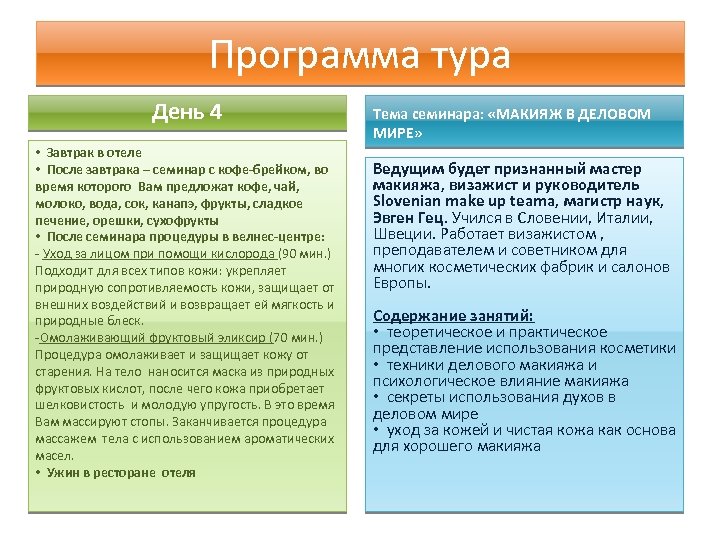 Программа тура День 4 • Завтрак в отеле • После завтрака – семинар с