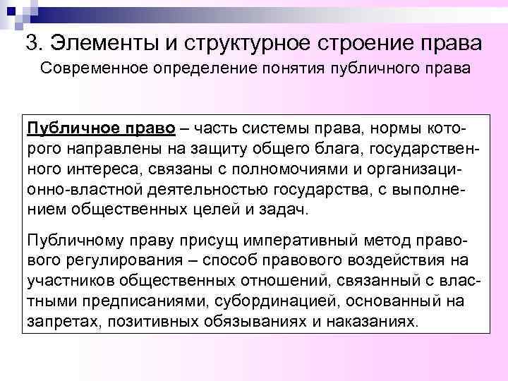 3. Элементы и структурное строение права Современное определение понятия публичного права Публичное право –