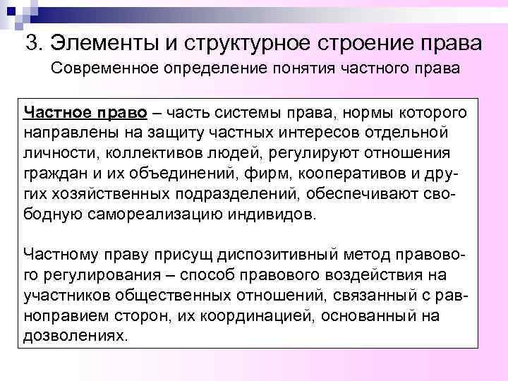 3. Элементы и структурное строение права Современное определение понятия частного права Частное право –