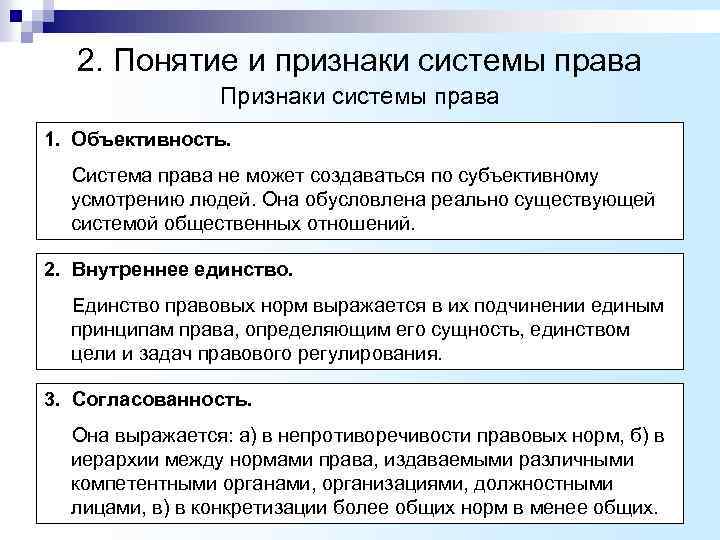 2. Понятие и признаки системы права Признаки системы права 1. Объективность. Система права не