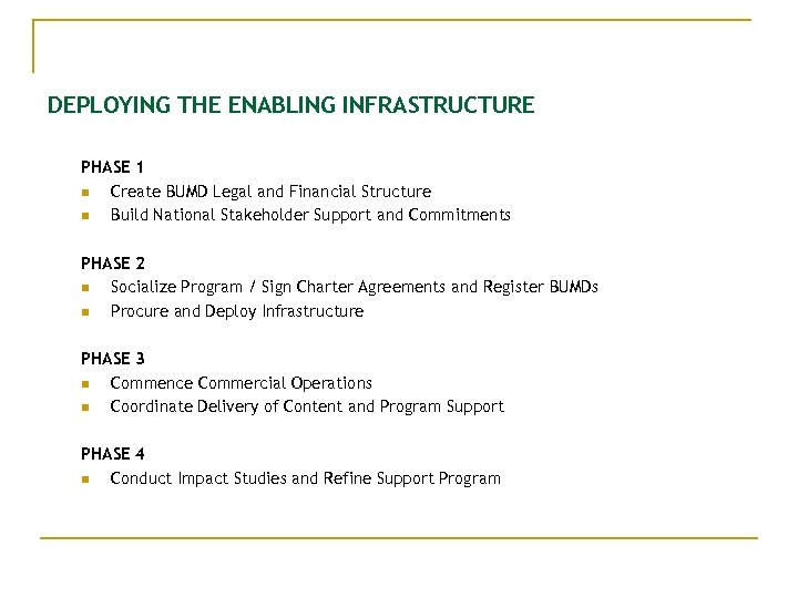 DEPLOYING THE ENABLING INFRASTRUCTURE PHASE 1 n Create BUMD Legal and Financial Structure n