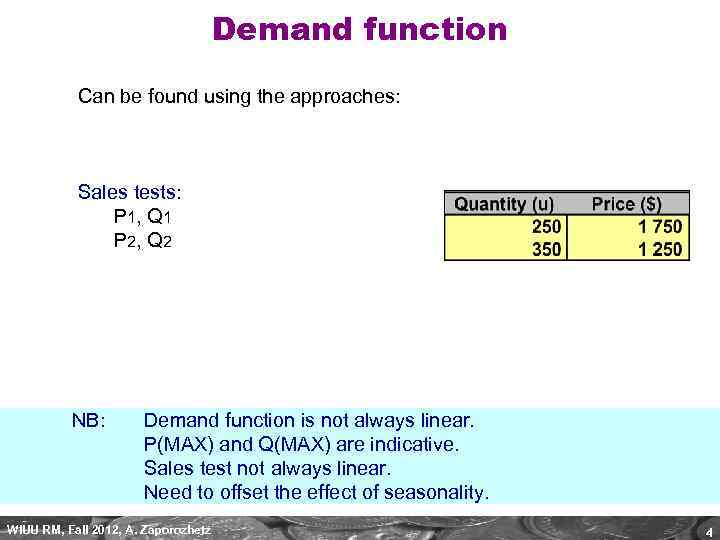 Demand function Can be found using the approaches: Sales tests: P 1, Q 1