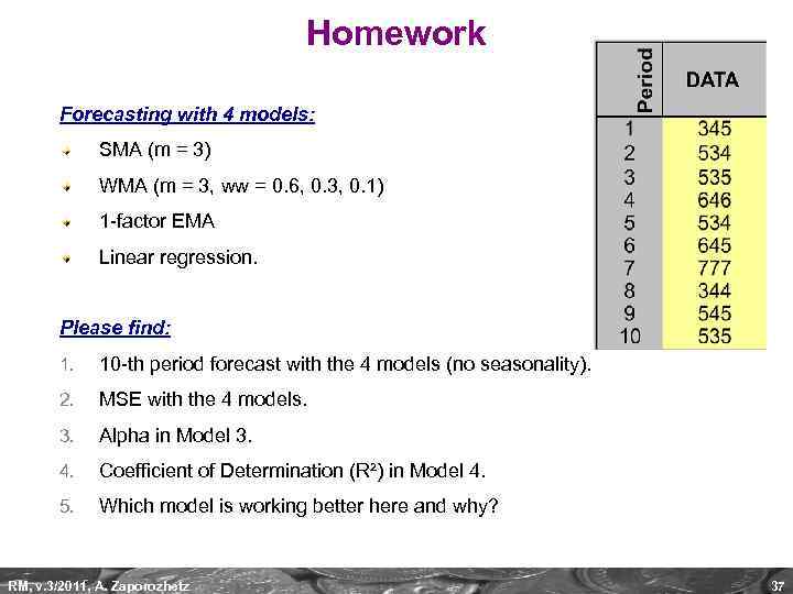 Homework Forecasting with 4 models: SMA (m = 3) WMA (m = 3, ww