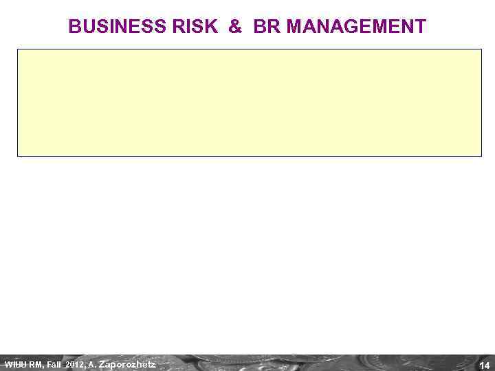 BUSINESS RISK & BR MANAGEMENT WIUU RM, Fall 2012, A. Zaporozhetz 14 