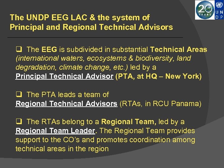 The UNDP EEG LAC & the system of Principal and Regional Technical Advisors q