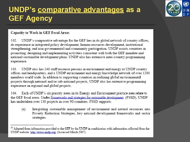 UNDP’s comparative advantages as a GEF Agency 