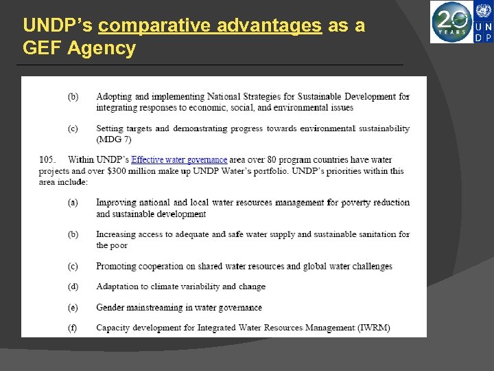 UNDP’s comparative advantages as a GEF Agency 